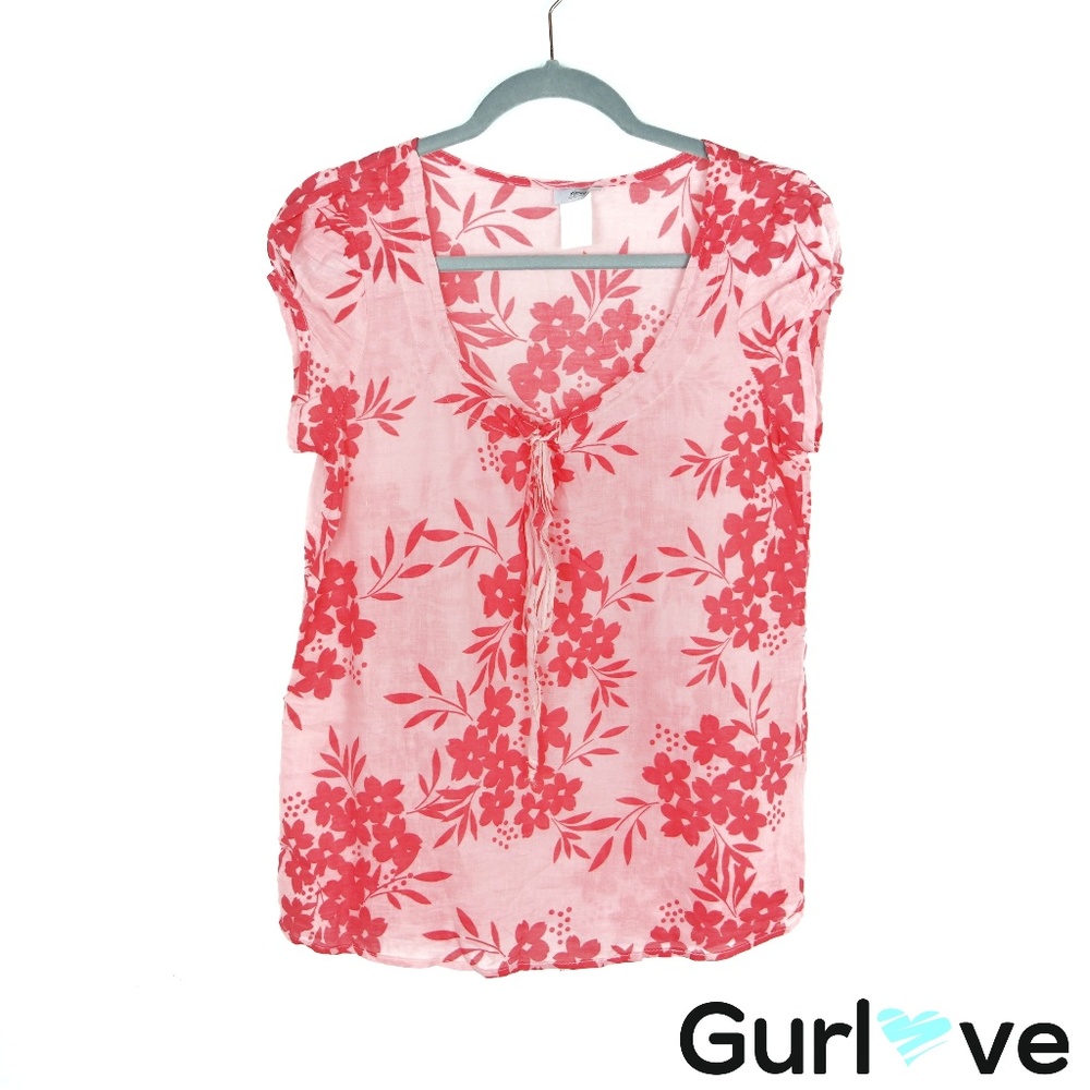 Ixia ModCloth Coral Floral Short Sleeve Blouse S